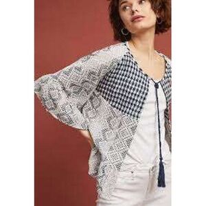 Ami + Kin Anthropologie Gingham Eyelet Lace Kimono Cardigan Navy White SMALL